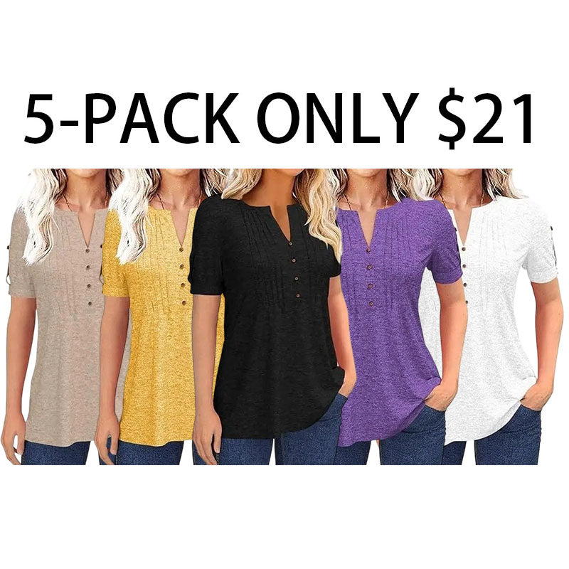Women’s V Neck T Shirt – Casual Pleated Button Top, Loose Fit Shor