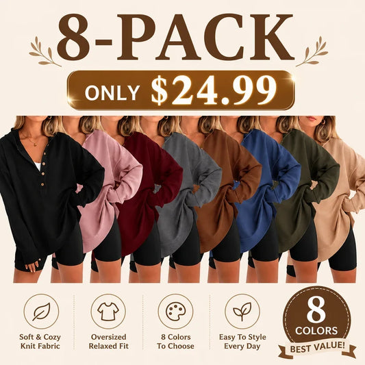 Women's Oversized Button V‑Neck Hoodie Sweatshirt Long Sleeve Side Slit Casual Fall Pullover Top