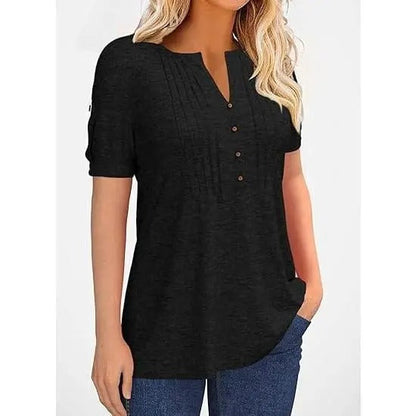 Women’s V Neck T Shirt – Casual Pleated Button Top, Loose Fit Shor
