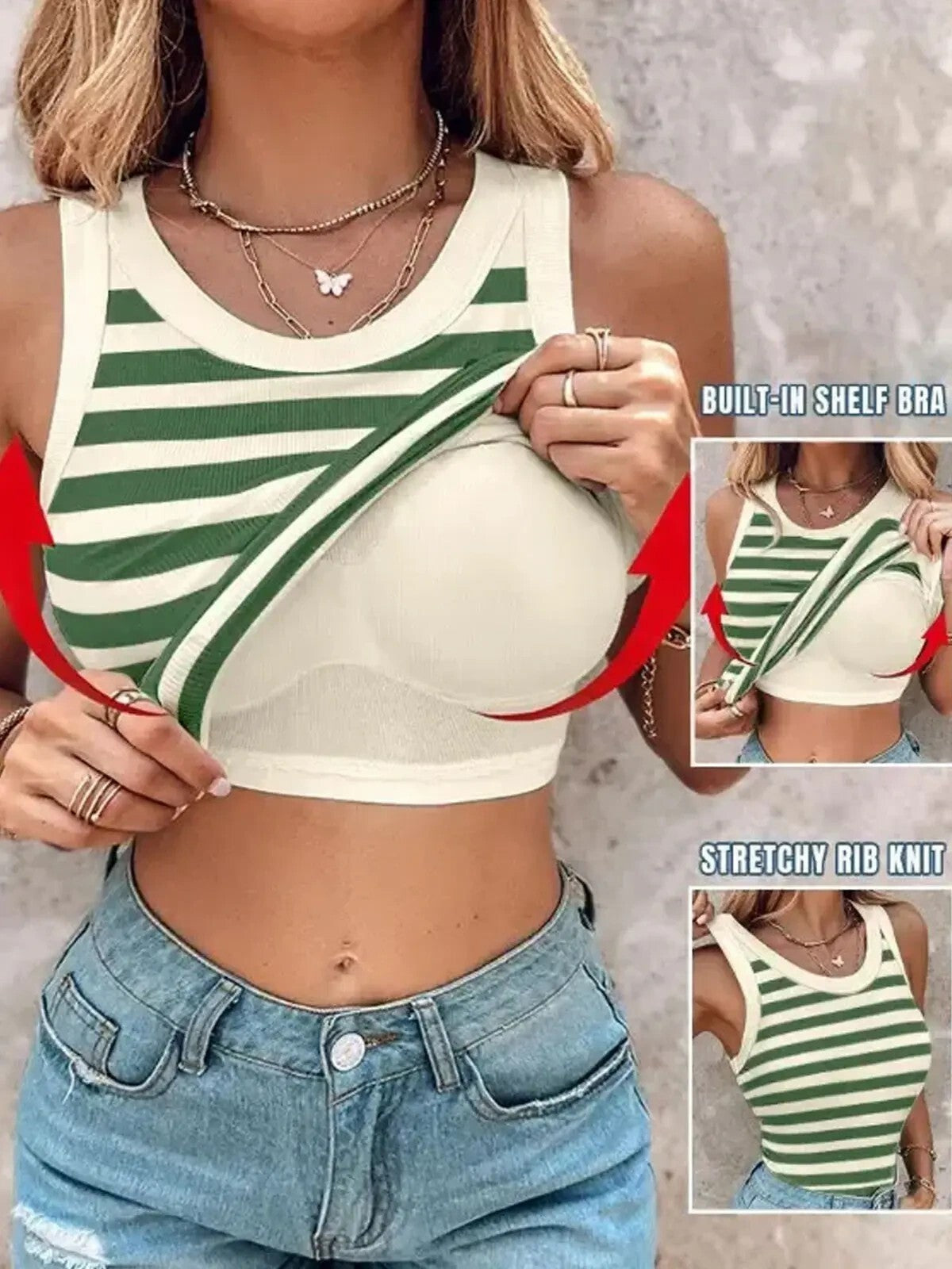 Round Neck Built-in Bra Ribbed Tank Top