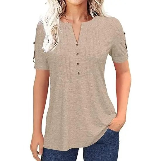 Women’s V Neck T Shirt – Casual Pleated Button Top, Loose Fit Shor