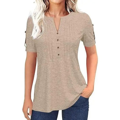 Women’s V Neck T Shirt – Casual Pleated Button Top, Loose Fit Shor