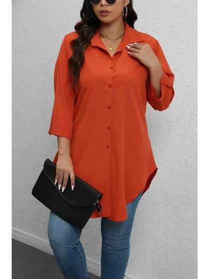 Plus-Size Solid Long Sleeve Button Up Blouse for Spring & Fall