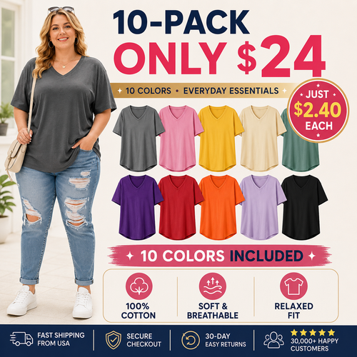 🔥 Limited-Time Offer:Women's Plus Size V Neck T Shirts Loose Fit Cotton Tunic Tops