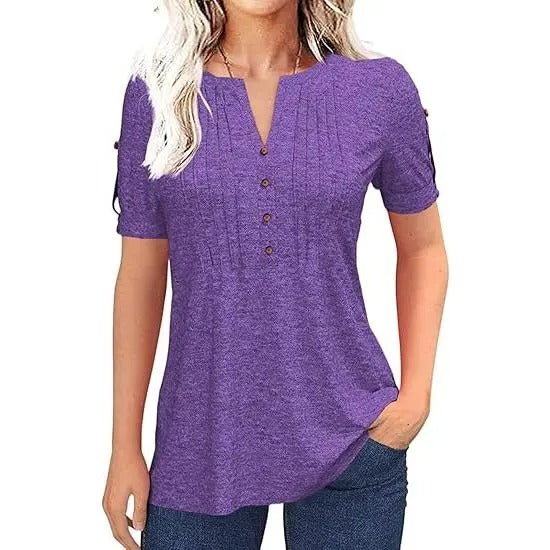 Women’s V Neck T Shirt – Casual Pleated Button Top, Loose Fit Shor