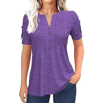 Women’s V Neck T Shirt – Casual Pleated Button Top, Loose Fit Shor
